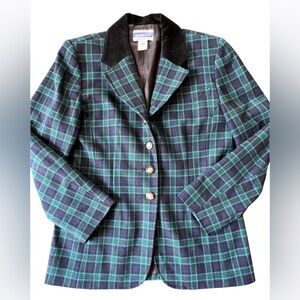 Pendleton Vintage 100% Wool Blue Green Plaid Triple Button Velvet Collar Blazer